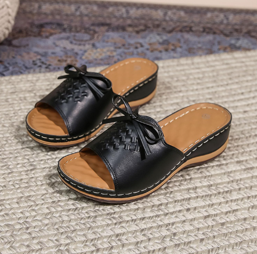 2024 retro round toe non-slip wedge heel comfortable large size slippers