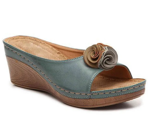 Womens Comfy Leather Solid Flower Strap Wedge Sandals